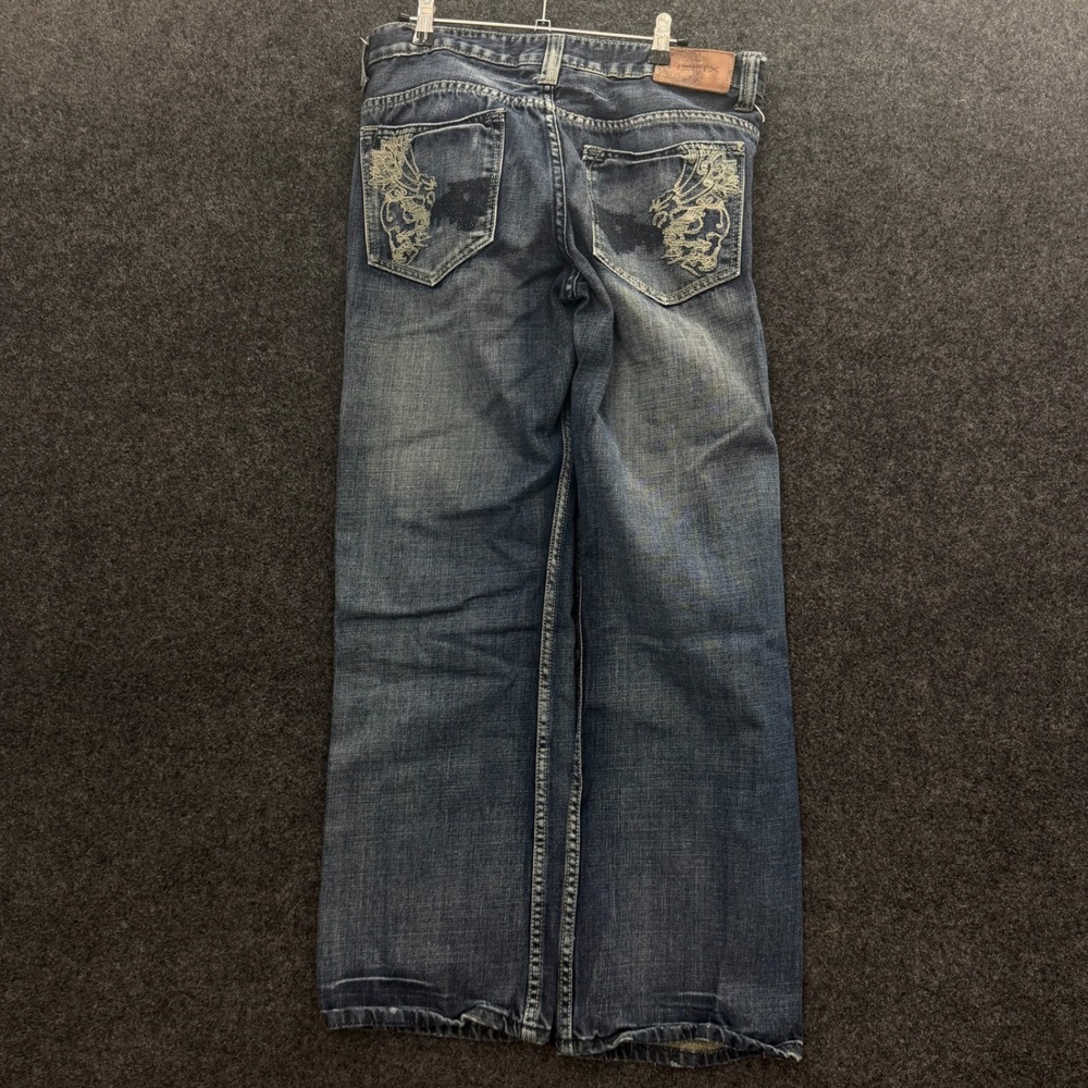 Helix Mens Y2K Baggy Embroidered Jeans 32x30 Dark Wash Skater Wide Leg Vintage